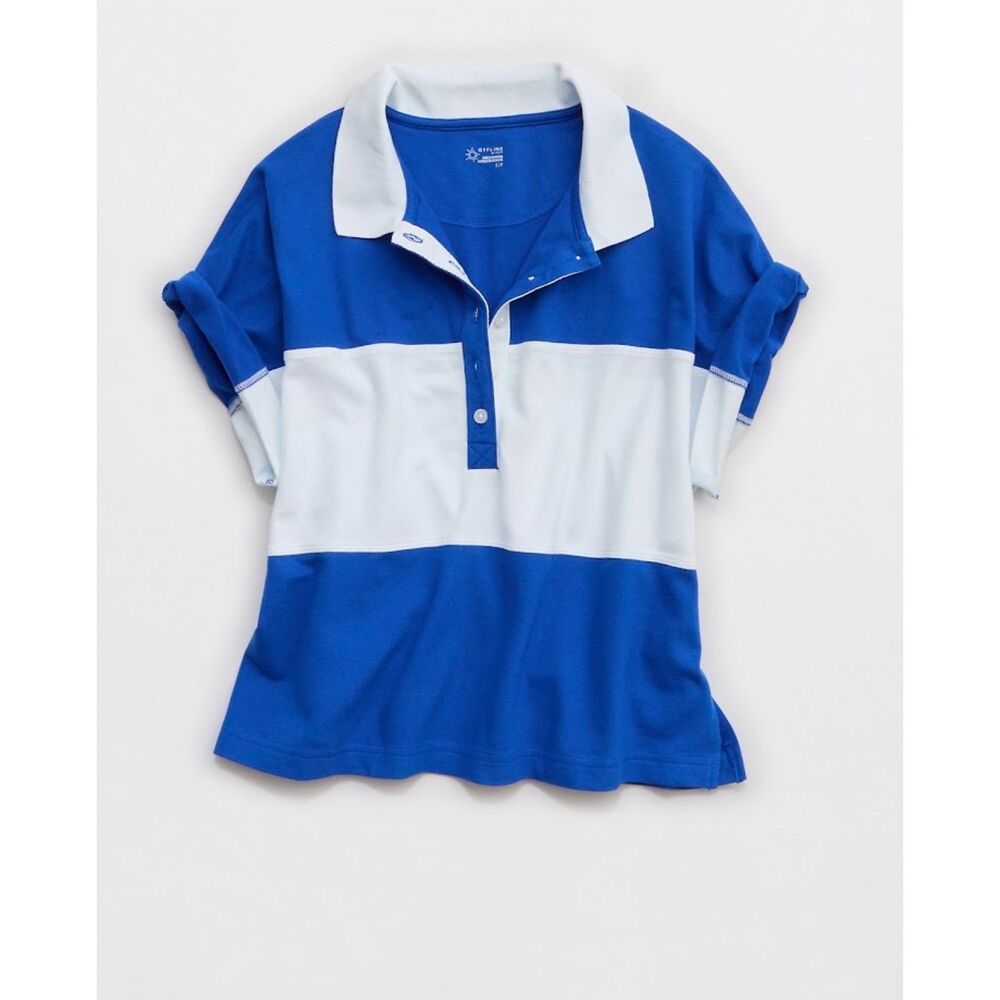 NEW Aerie Offline Women's XL Pique Rugby Polo top shirt tee Blue white stripe AE